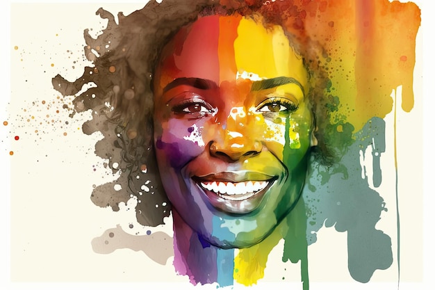 Abstract watercolor portrait of joyful African lesbian with rainbow flag rendered in a minimalistic style Generative AI