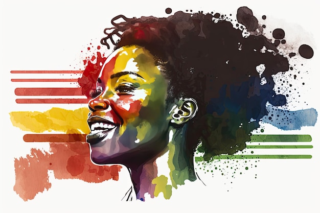 Photo abstract watercolor portrait of joyful african lesbian with rainbow flag rendered in a minimalistic style generative ai