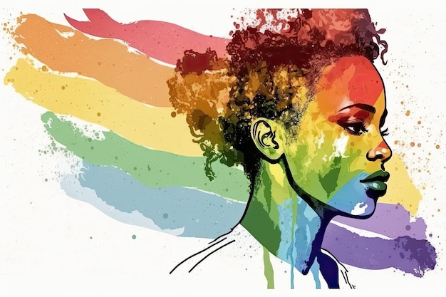 Abstract watercolor portrait of joyful African lesbian with rainbow flag rendered in a minimalistic style Generative AI