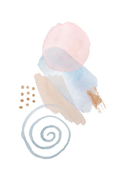 Photo abstract watercolor shapes illustration pastel paint brushes and golden elements cutout on white