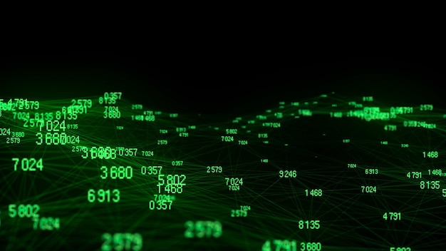 デジタルストリーム バイナリコード グリーンマトリックス ブロックチェーンコンセプト データ転送システム プログラミング コーディング ハッキング ネットワーク接続 3D レンダリング
