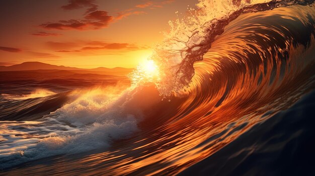 Abstract wave forms against the background of sunset photorealistic scenes details 8K photo tak