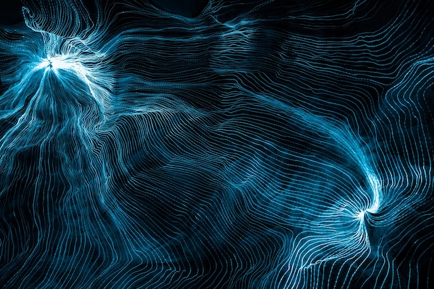 写真 ネットワークドットと暗い背景を結ぶデジタル織り線の抽象的な波