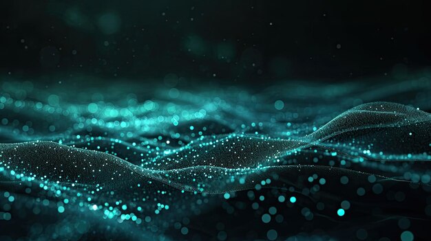 An abstract wave of turquoisecolored digital particles flowing over a dark background with a bokeh effect