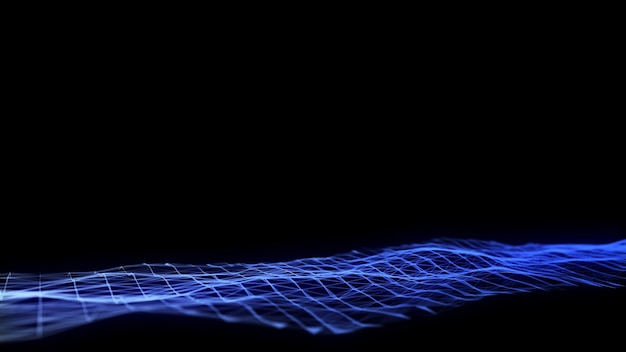 黒い背景に青い光を持つ抽象的な波 動く点を持つ科学の背景 ネットワーク接続技術 粒子を持つデジタル構造 3Dレンダリング