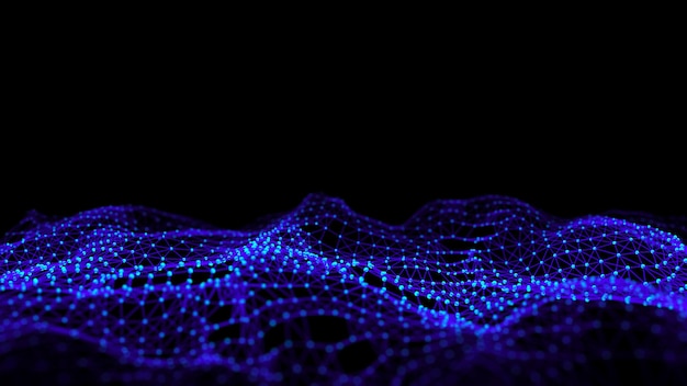 Photo abstract wave with blue light on black background science background with moving dots network connection technology digital structure with particles 3d rendering