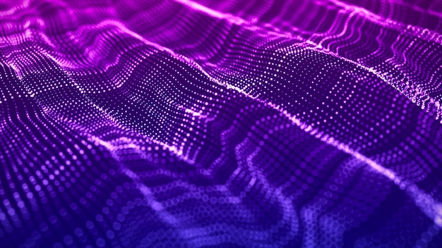 Photo abstract wave with moving dots flow of particles cyber technology illustration 3d rendering