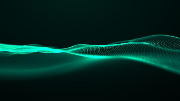 Abstract wave with moving dots and lines flow of particles\
cyber technology illustration 3d rendering