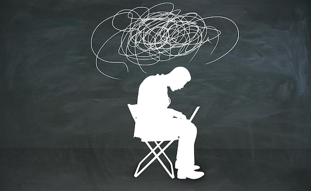 Abstract werkende man silhouet met krabbel in krijtbord kamer 3D Rendering