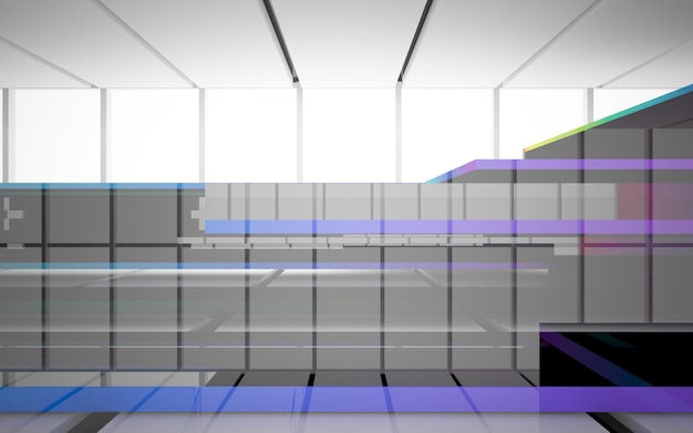 사진 창문이 있는 추상적인 흰색 및 색 그라데이션 안경 인테리어 다단계 공용 공간. 3d