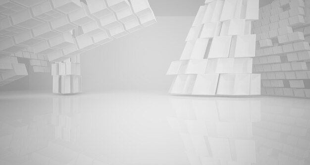 Abstract white architectural interior from an array of white cubes with large windows 3D