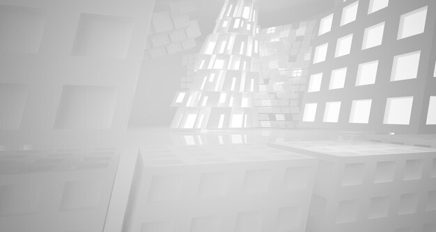 Abstract white architectural interior from an array of white cubes with large windows 3D