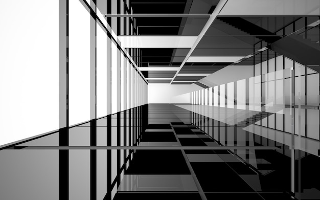 Abstract white and black interior multilevel public space with window. 3D illustration and rendering