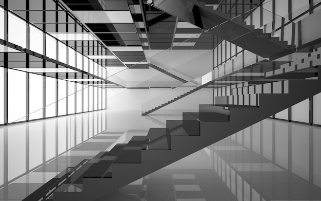 Abstract white and black interior multilevel public space with window. 3D illustration and rendering