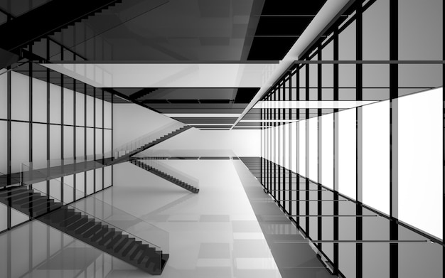 Abstract white and black interior multilevel public space with window. 3D illustration and rendering