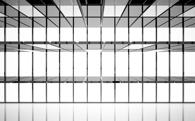 Abstract white and black interior multilevel public space with window. 3D illustration and rendering