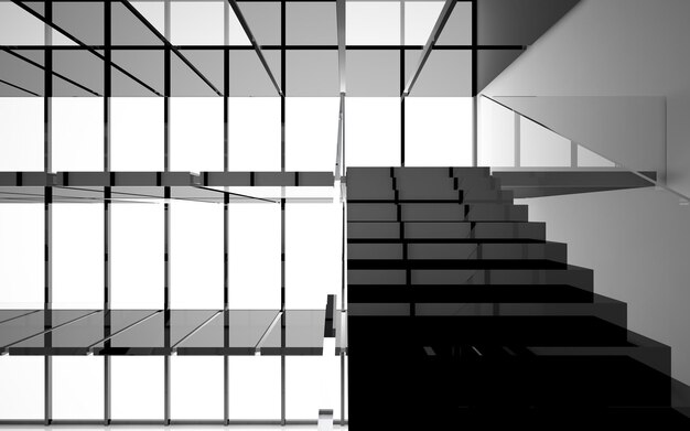 Abstract white and black interior multilevel public space with window. 3D illustration and rendering