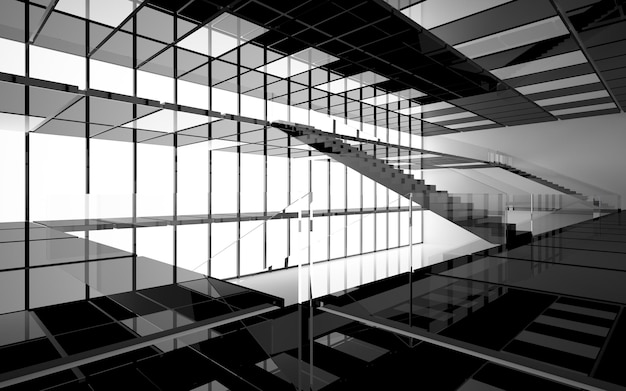 Abstract white and black interior multilevel public space with window. 3D illustration and rendering