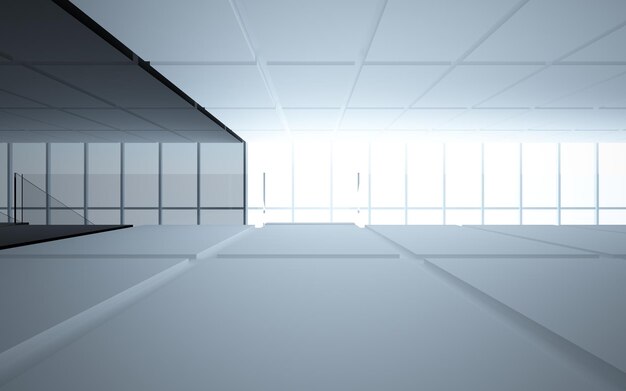 Abstract white and black interior multilevel public space with window. 3D illustration and rendering