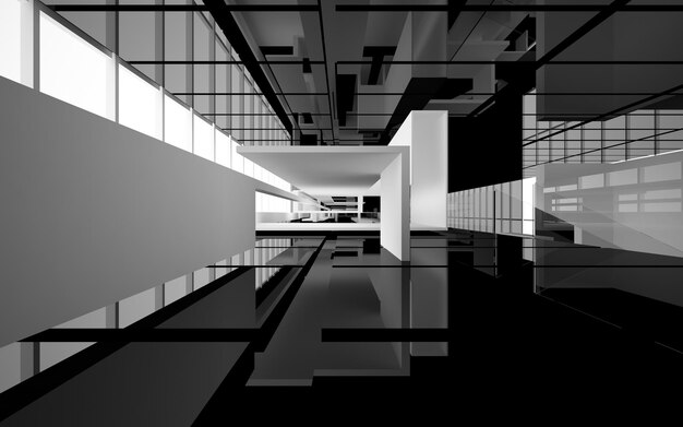 窓のある抽象的な白と黒のインテリアマルチレベルの公共空間。 3D イラストとレンダリング