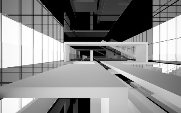 Abstract white and black interior multilevel public space with window. 3D illustration and rendering