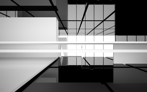 Abstract white and black interior multilevel public space with window. 3D illustration and rendering