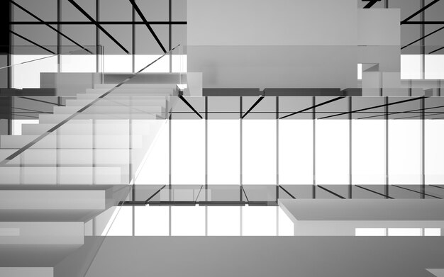 Абстрактное бело-черное внутреннее многоуровневое общественное пространство с окном. 3D-иллюстрация и рендеринг