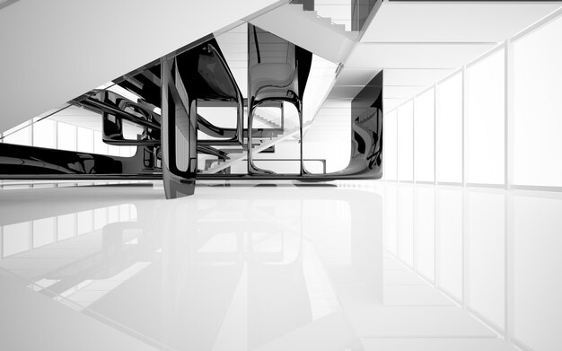 窓のある抽象的な白と黒のインテリアマルチレベルの公共空間。 3D イラストとレンダリング