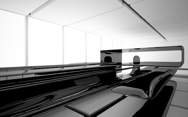 Abstract white and black interior multilevel public space with window. 3D illustration and rendering