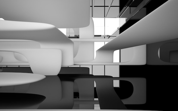 Abstract white and black interior multilevel public space with window. 3D illustration and rendering