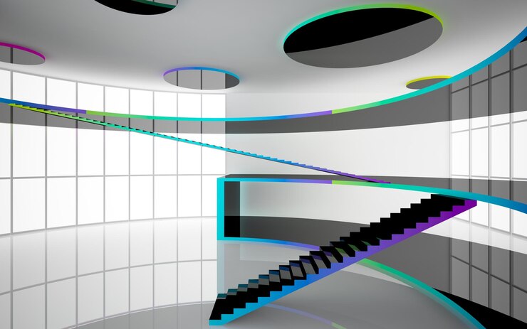 Photo 창 3d 그림 및 렌더링이 있는 추상 흰색 및 검은색 내부 다단계 공용 공간