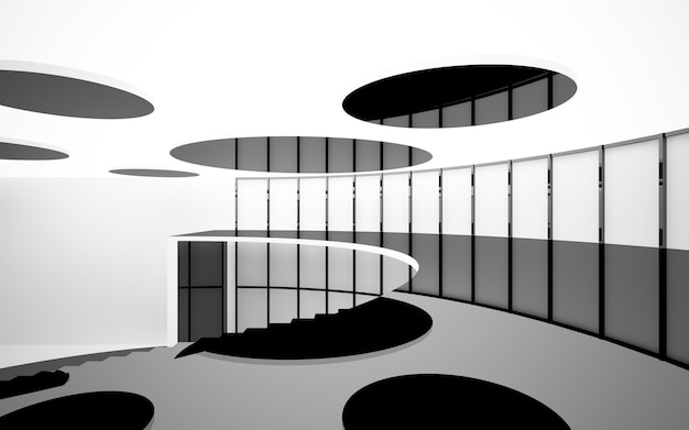 Foto spazio pubblico multilivello interno bianco e nero astratto con illustrazione e rendering 3d della finestra