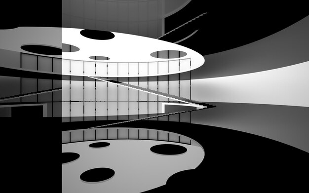 Abstract white and black interior multilevel public space with window 3D illustration and rendering