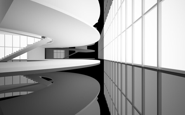 Abstract white and black interior multilevel public space with window 3D illustration and rendering