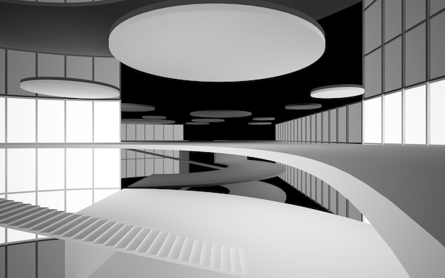 Abstract white and black interior multilevel public space with window 3D illustration and rendering