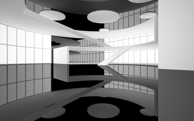 Abstract white and black interior multilevel public space with window 3D illustration and rendering