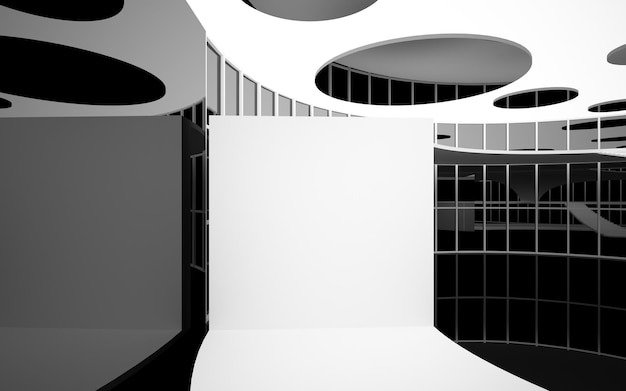 窓の3Dイラストとレンダリングを備えた抽象的な白と黒のインテリアマルチレベルパブリックスペース