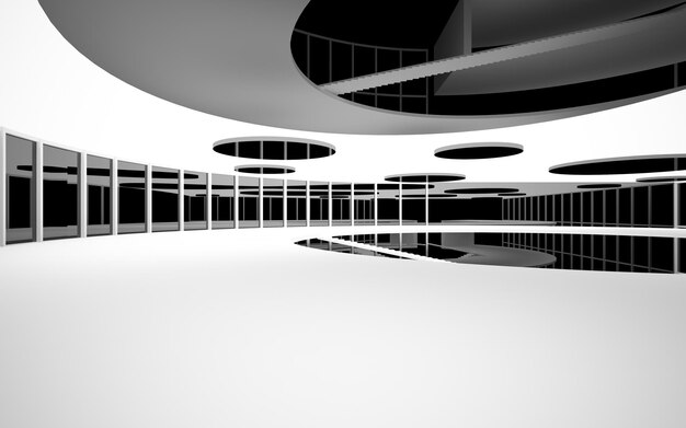 Абстрактное бело-черное внутреннее многоуровневое общественное пространство с оконной 3D иллюстрацией и рендерингом