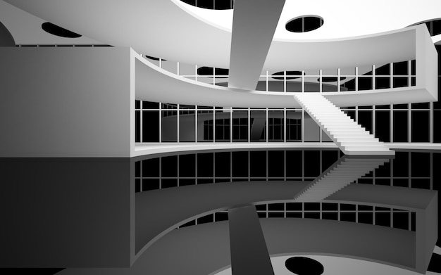 Abstract white and black interior multilevel public space with window 3D illustration and rendering