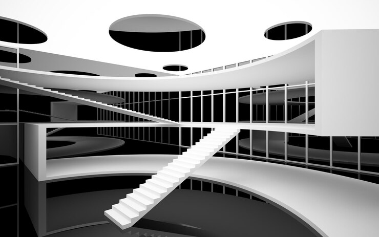 Photo abstract white and black interior multilevel public space with window 3d illustration and rendering