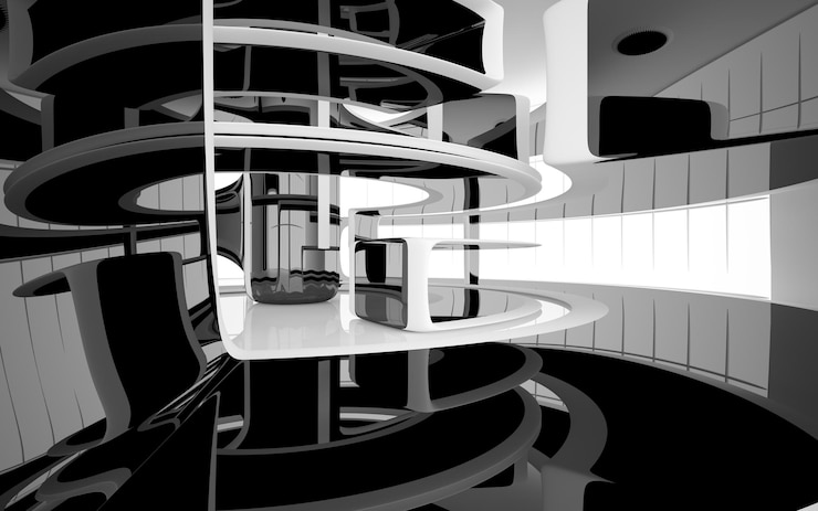 Photo abstract white and black interior multilevel public space with window 3d illustration and rendering