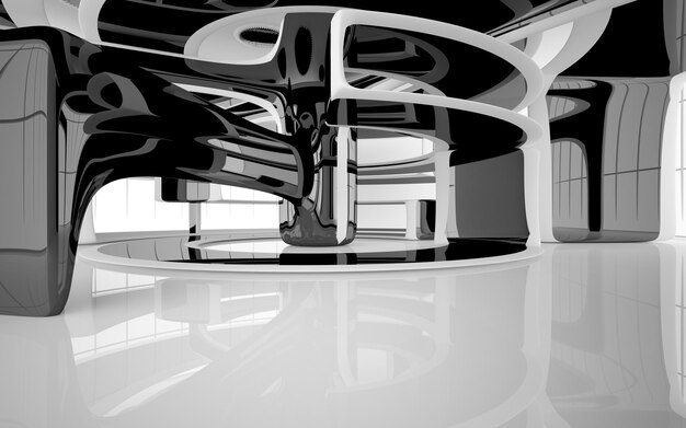 Abstract white and black interior multilevel public space with window 3D illustration and rendering