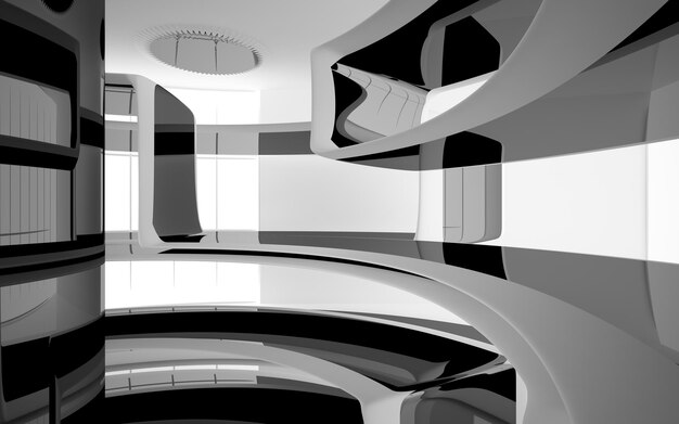 Abstract white and black interior multilevel public space with window 3D illustration and rendering