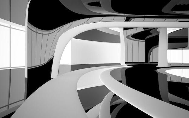 Abstract white and black interior multilevel public space with window 3D illustration and rendering