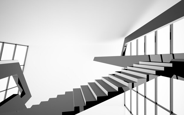 Abstract white and black interior multilevel public space with window 3D illustration and rendering