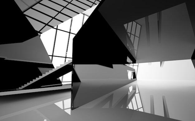 Abstract white and black interior multilevel public space with window 3D illustration and rendering