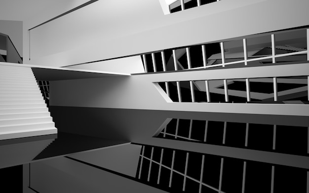 Foto spazio pubblico multilivello interno bianco e nero astratto con illustrazione e rendering 3d della finestra