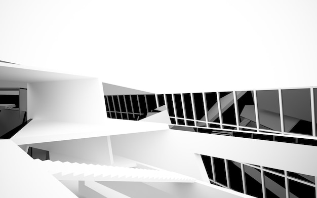 Abstract white and black interior multilevel public space with window 3D illustration and rendering