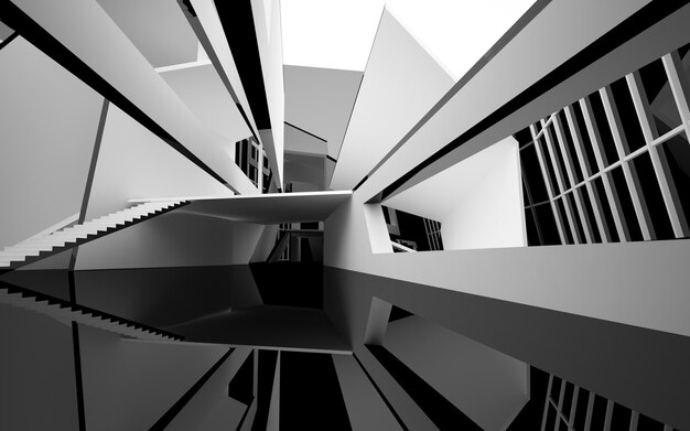 Abstract white and black interior multilevel public space with window 3D illustration and rendering