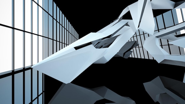 Abstract white and black interior multilevel public space with window 3D illustration and rendering